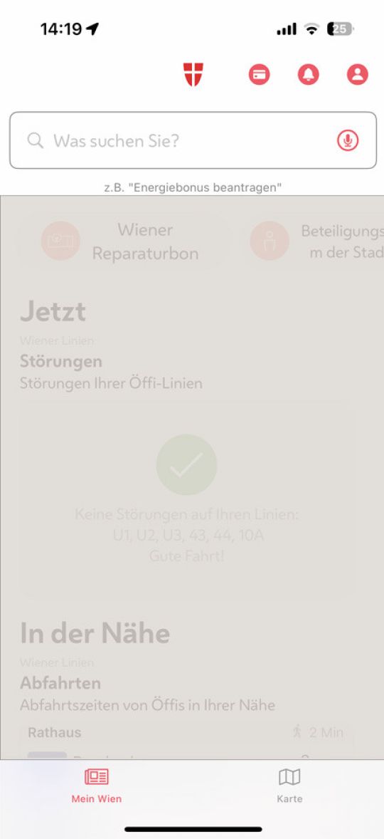 copyright: Stadt Wien Screenshot der Stadt Wien-App mit Suchfeld