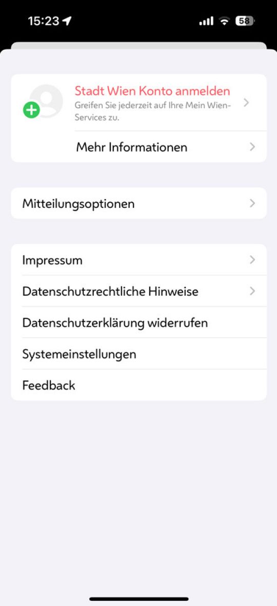 copyright: Stadt Wien Screenshot der Stadt Wien-App mit den Einstellungen für das Benutzerprofil