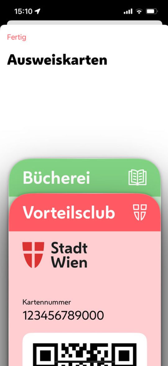 copyright: Stadt Wien Screenshot der Stadt Wien-App mit Ausweiskarten von Bücherei und Vorteilsclub