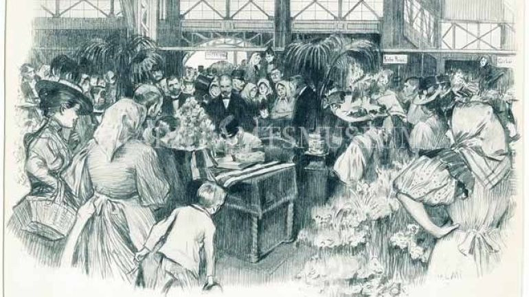 copyright: MA 59 Zeichnung aus dem Jahr 1900: "Der Kaiser in der Markthalle" - Menschenmenge um den an einem Schreibtisch sitzenden Kaiser