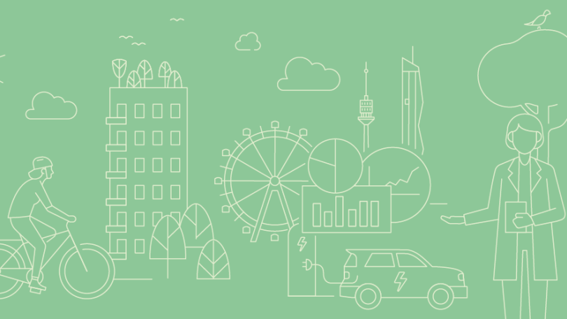 copyright: Stadt Wien - Grafik: Benjamin Wehr Weiße Grafik auf hellgrünem Hintergrund mit verschiedenen Elementen aus der Stadt: Radfahrer, Hochhaus, Riesenrad, E-Auto, Praterturm, DC-Tower, Frau mit Labormantel.