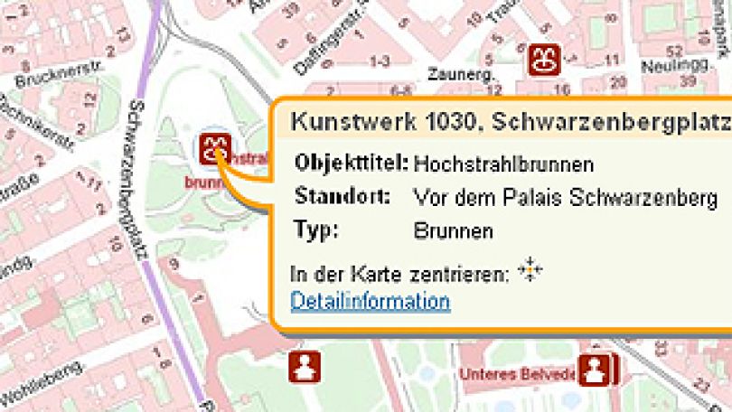 copyright: ViennaGIS Stadtplanausschnitt mit Informationsfeld zu Denkmäler, Brunnen, Plastiken, ...