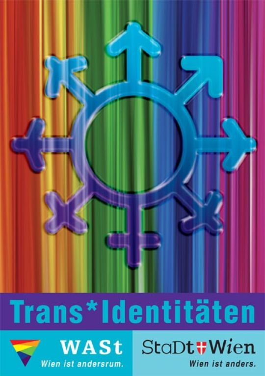 copyright: WASt Kreis mit mehreren Pfeilen, Kreuzen und Mischformen vor Regenbogenfahne, darunter Schriftzug "Trans*Identitäten"