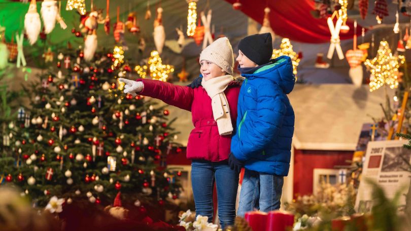 copyright: Wiener Stadtgärten - Bohmann 2 Kinder in Winterjacken stehen zwischen Weihnachtsdeko und einem Christbaum.