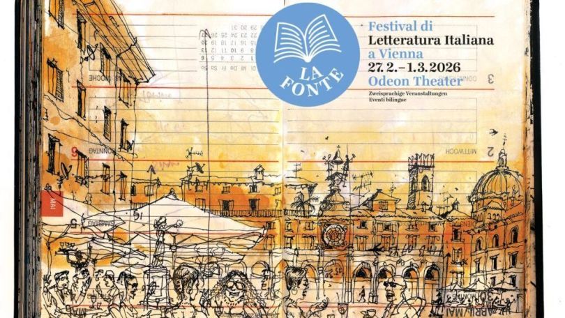 copyright: La Fonte 2026 gezeichnetes Bild eines italienischen Platzes mit dem Logo und Titel des italienischen Literaturfestivals La Fonte