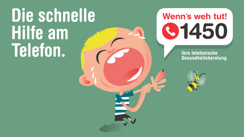 copyright: FSW Grafik: Kind mit Bienenstich weint. Die schnelle Hilfe am Telefon. Wenns's weh tut 1450
