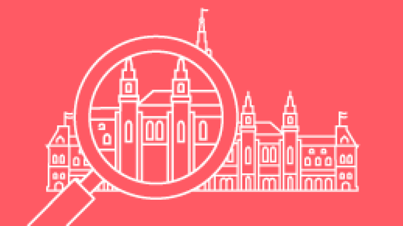 copyright: Stadt Wien Grafik mit einer großen Lupe vor dem Rathaus.
