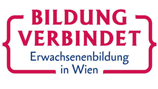 Pinker Schriftzug "Bildung verbindet" ber blauem Schriftzug "Erwachsenenbildung in Wien"