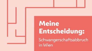 Grafik in Rot-Abstufungen mit Text "Meine Entscheidung: Schwangerschaftsabbruch in Wien"