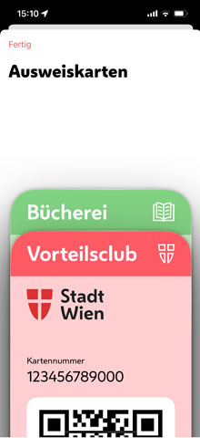 Screenshot der Stadt Wien-App mit Ausweiskarten von Bcherei und Vorteilsclub