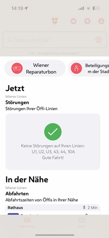 Screenshot der Stadt Wien-App mit Anzeige von ffi-Strungen