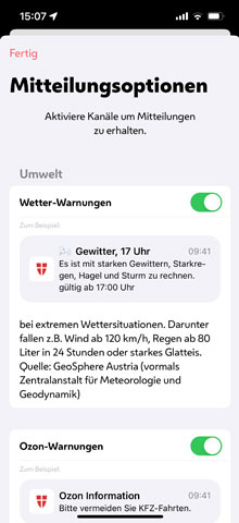 Screenshot der Stadt Wien-App mit den Einstellungsoptionen fr Mitteilungen