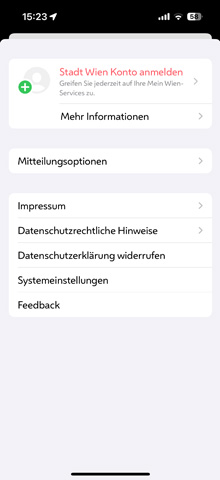 Screenshot der Stadt Wien-App mit den Einstellungen fr das Benutzerprofil