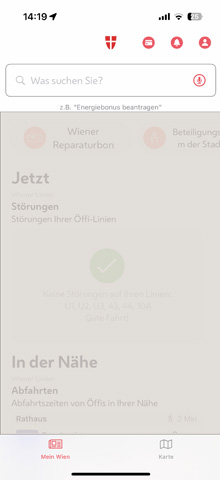 Screenshot der Stadt Wien-App mit Suchfeld