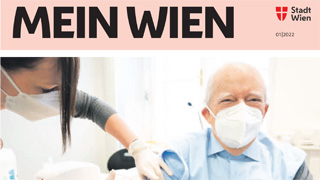 Cover der Zeitung "Mein Wien", am Coverbild ist ein lterer Herr mit Maske, der von einer Frau geimpft wird, die ebenfalls eine Maske trgt