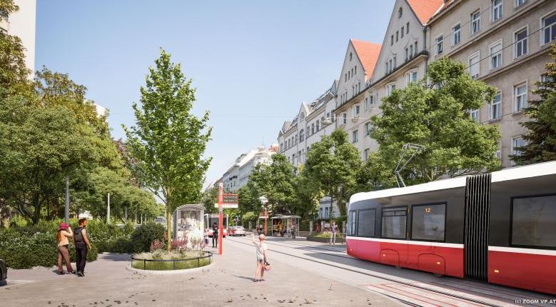 Visualisierung der Haltestelle Jungstraße mit einfahrender Straßenbahn