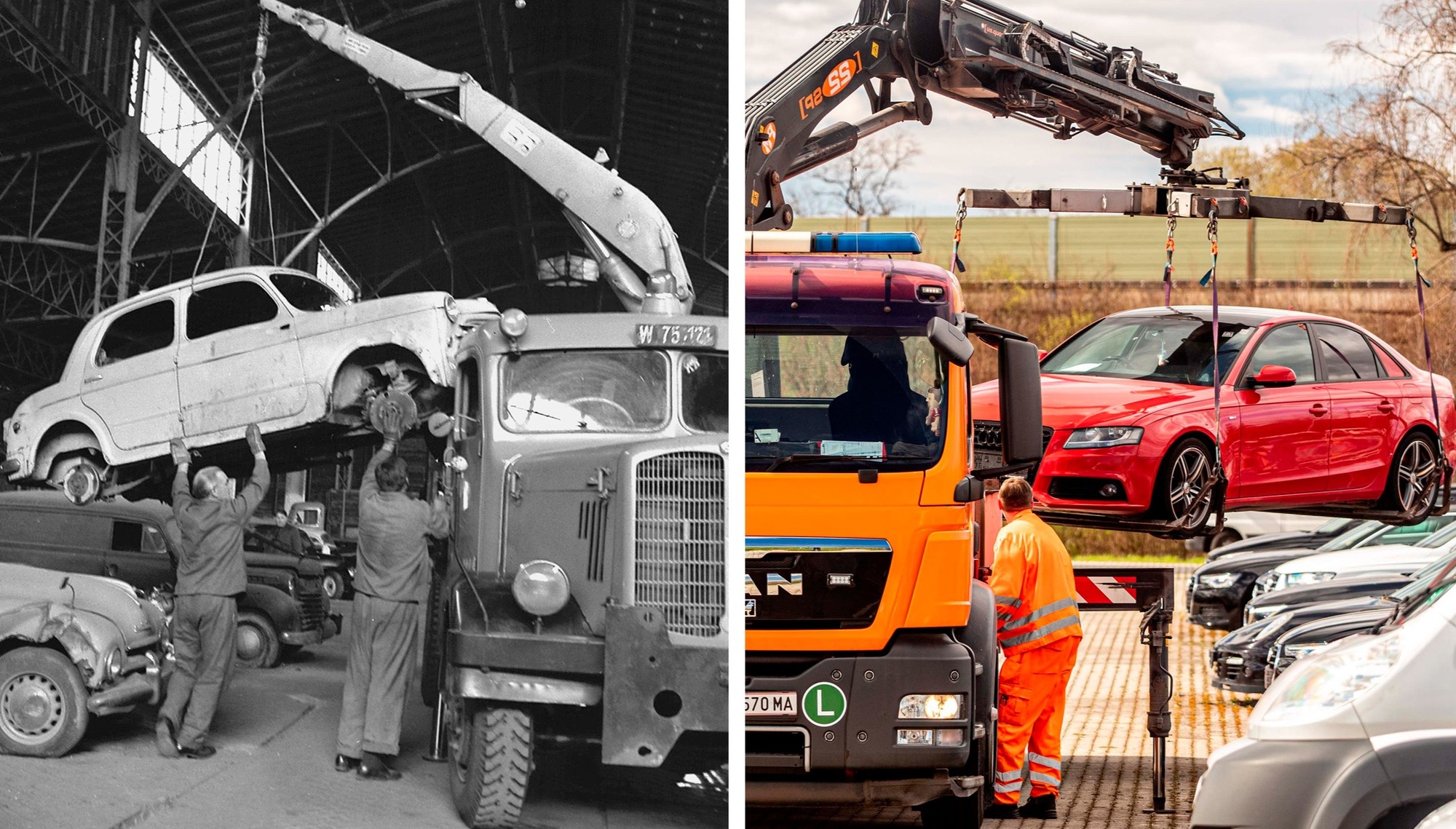 Verladen von falschgeparkten Autos auf LKWs vor 50 Jahren und heute.