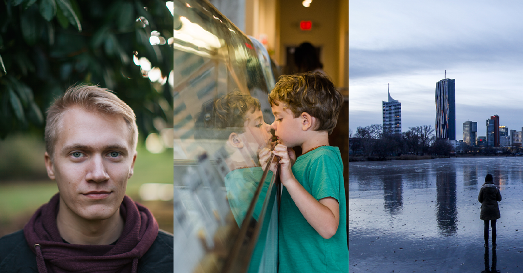 Fotocollage: Portrait eines jungen Mannes im Grünen, Kind schaut neugierig durch eine Scheibe, Frau steht vor einem vereisten Gewässer, im Hintergrund Hochhäuser