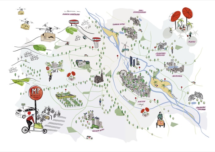 Illustrierte Karte Wiens im Jahr 2100 mit gezeichneten Zukunftsvorstellungen wie begrünte Häuser, Mobility Points oder Amazon Dronenlieferung
