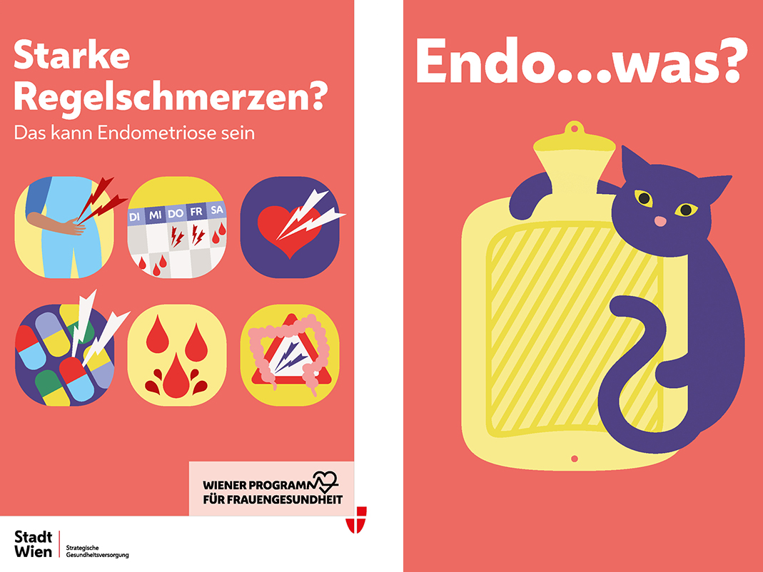Links: Grafik mit Symbolen und Text zur Aufklärung über Endometriose als Ursache starker Regelschmerzen, dargestellt durch rote Blitze und Blutstropfen auf verschiedenen Icons.
Rechts: Grafische Illustration mit einer lila Katze, die sich um eine gelbe Wärmflasche schlingt, vor rotem Hintergrund. Überschrift „Endo...was?“