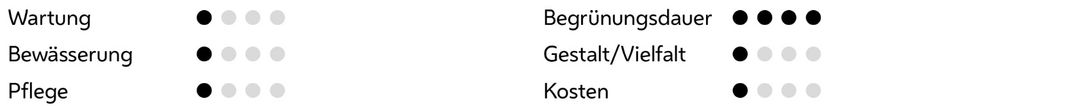 Wartungsintervall: mehr als 10 Jahre
Bewässerung nach Bedarf
Pflege nach Bedarf
Begrünungsdauer nach mehr als 3 Jahren
Gestalt: eingeschränkt
Kosten: unter 100 €/m²