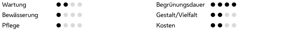 Wartungsintervall: fünf bis 10 Jahre
Bewässerung nach Bedarf
Pflege nach Bedarf
Begrünungsdauer nach mehr als 3 Jahren
Gestalt: mäßig
Kosten: 100-500 €/m²