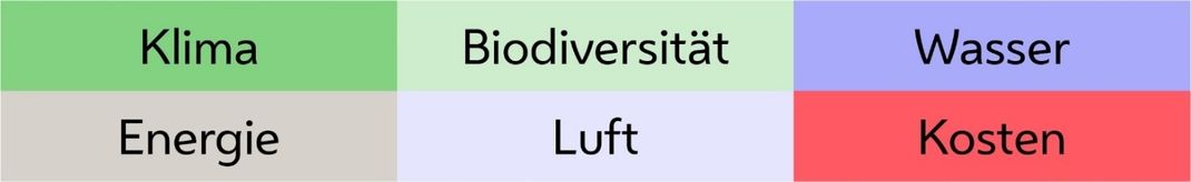 zu berücksichtigende Kriterien für für Fassadenbegrünungen (Klima, Biodiversität, Wasser, Energie, Luft, Kosten), dargestellt in bunten Farbfeldern