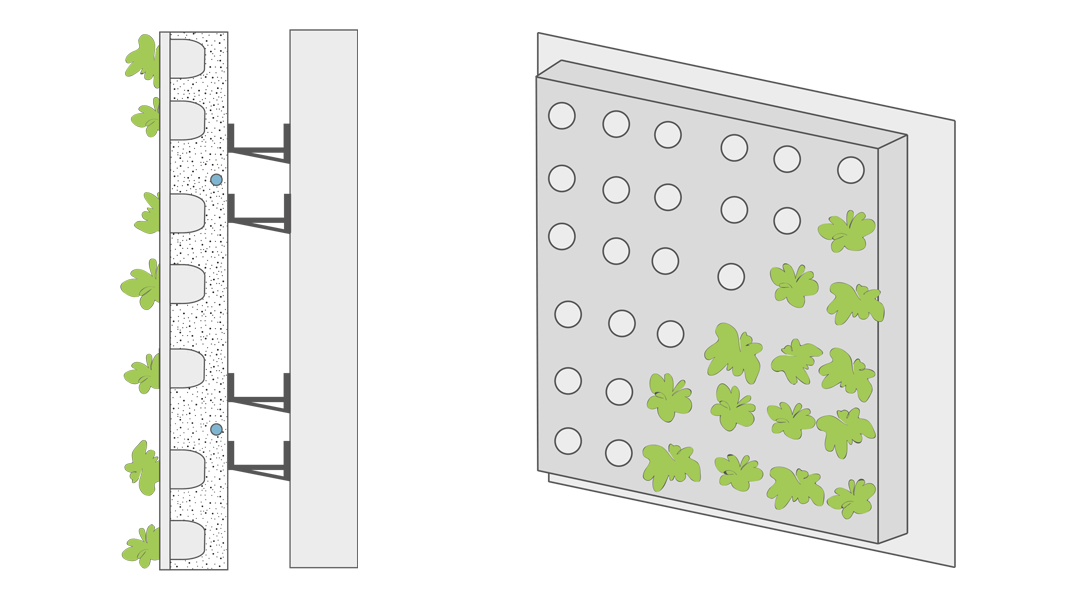 Grafiken einer fassadengebundenen Fassadenbegrünung mit vollflächigem Vegetationsträger im Gesamtsystem. Lage der Pflanze im Winkel von 90 °
© GREEN4CITIES