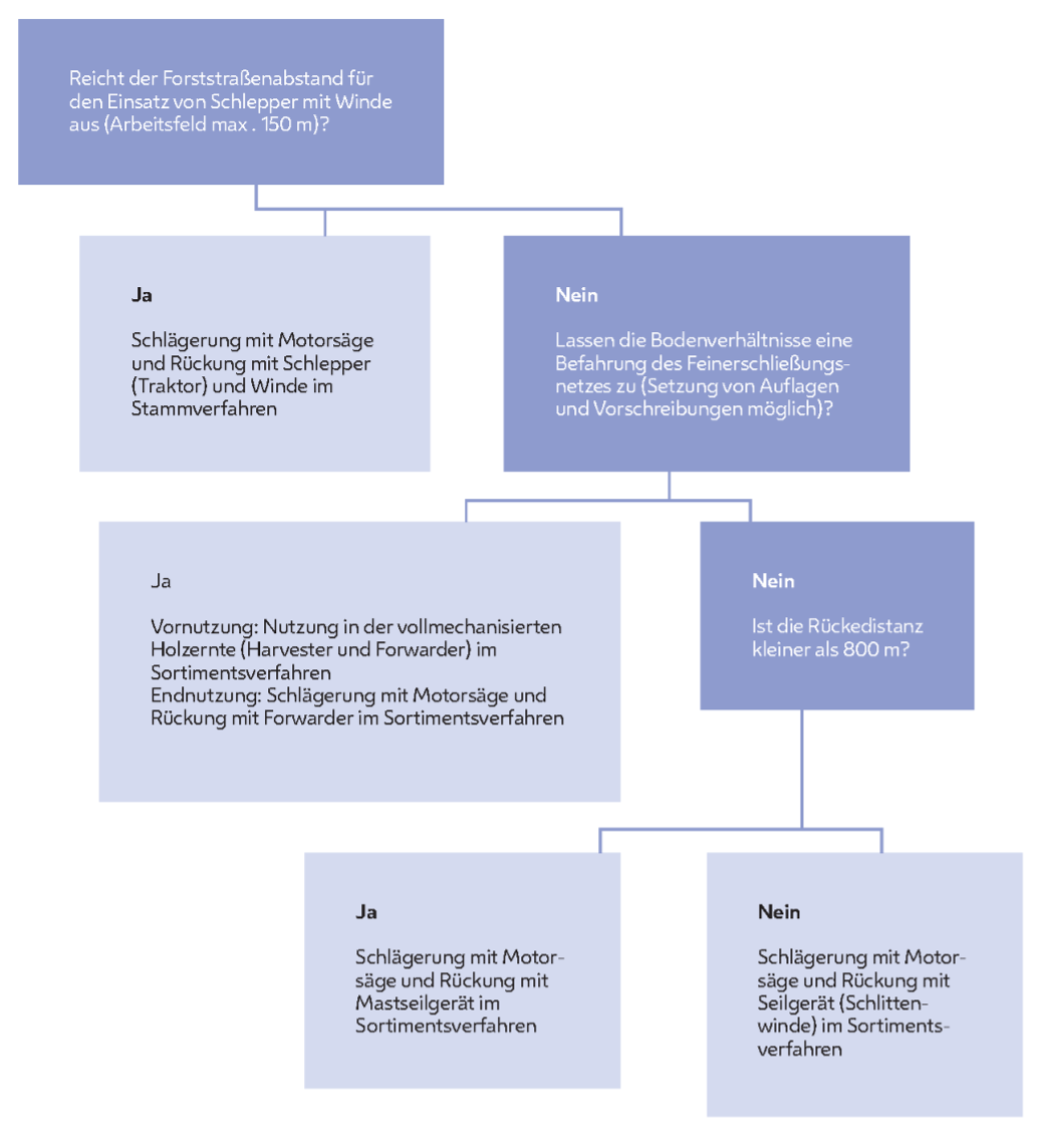 Entscheidungsbaum: Reicht der Forstraßenabstand für den Einsatz von Schlepper mit Winde aus (Arbeitsfeld max. 150m)?

Ja: Schlägerung mit Motorsäge und Rückung mit Schlepper (Traktor) und Winde im Stammverfahren

Nein: Lassen die Bodenverhältnisse eine Befahrung des Feinerschließungsnetzes zu (Setzung von Auflagen und Vorschreibungen möglich)?

Ja: Vornutzung: Nutzung in der vollmechanisierten Holzernte (Harvester und Forwarder) im Sortimentsverfahren, Endnutzung: Schlägerung mit Motorsäge und Rückung mit Forwarder im Sortimentsverfahren

Nein: Ist die Rückedistanz kleiner als 800m?

Ja: Schlägerung mit Motorsäge und Rückung mit Mastseilgerät im Sortimentsverfahren

Nein: Schlägerung mit Motorsäge und Rückung mit Seilgerät (Schlittenwinde) im Sortimentsverfahren
