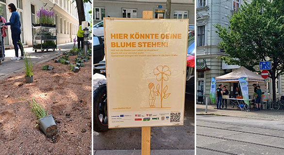 Three-part image: on the left, a flowerbed by the pavement prepared for planting, with plant pots lying on the ground and a person in the background. In the centre, an information poster bearing the words ‘Your flower could be here’, and on the right, a photo of an information tent on the opposite side of the road, in front of a tree and a Gründerzeit-style house.