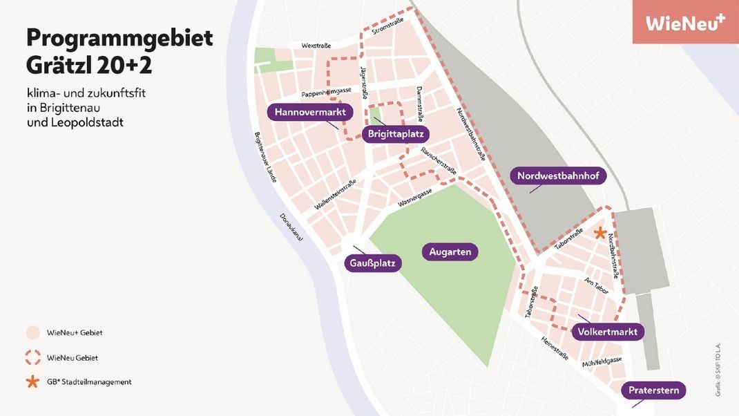 A diagram of the Grätzl 20+2 programme area, with the title in the top left-hand corner and in the centre, and a simplified grid of pink buildings, white roads and lettering indicating locations highlighted in purple.