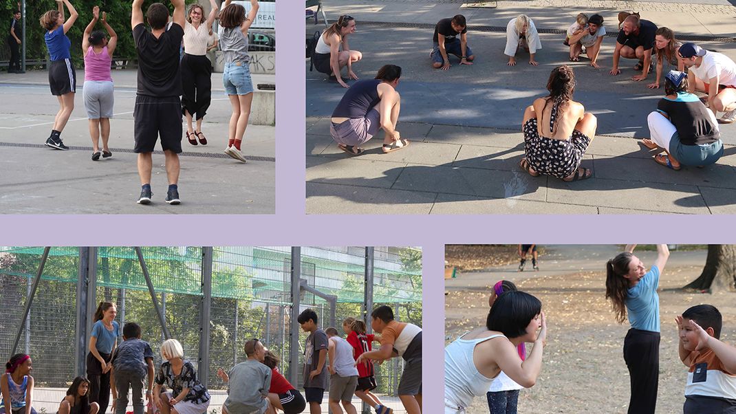 Four images, arranged side by side, of people in motion in public spaces. A mauve-coloured border between the images.