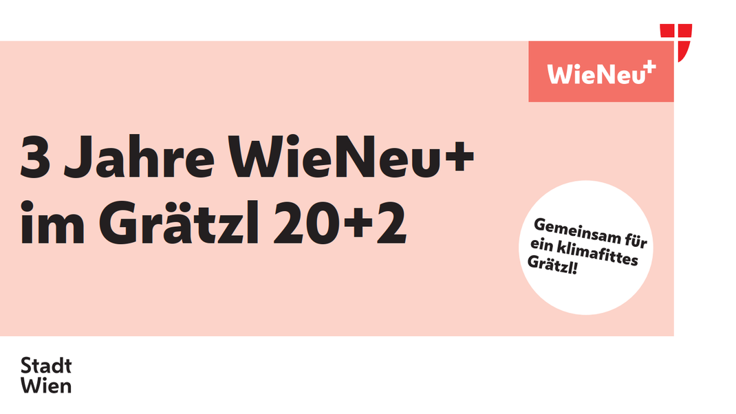 Infotafel auf ziegelrosa Hintergrund mit Schriftzug "3 Jahre WieNeu+ im Grätzl 20+2" sowie Produktkennzeichen WieNeu+ rechts oben sowie vor weißem kreisrundem Hintergrund rechts unten der Schriftzug "Gemeinsam für ein klimafittes Grätzl".