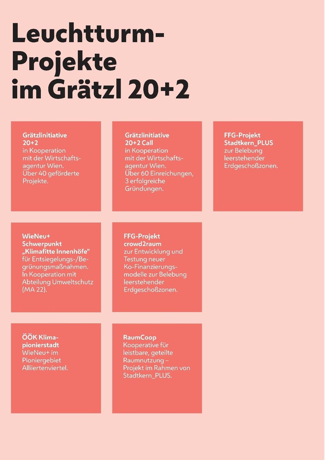 Vor rosa Hintergrund in sieben Kästchen zu "Leuchtturm-Projekten im Grätzl 20+2" gefasste Kerninformationen zu eben diesen.