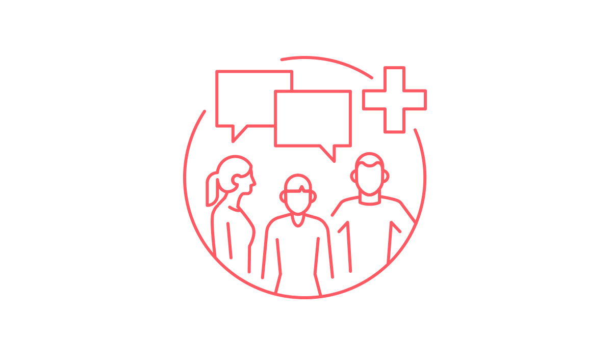 "Knowledge management" pictogram

Round "Knowledge management" icon showing three persons and two speech bubbles at the centre and a plus sign in the upper right section of the pictogram; everything is drawn in bright red. 