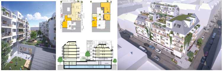 "G'mischter Block" (Mixed Block)

On the left and right, there are two visualisations of a modern residential complex designed as a perimeter development with partly greened façades and balconies. At the centre, there are the layout and a vertical section of the planned new structures, integrated into the existing building stock.