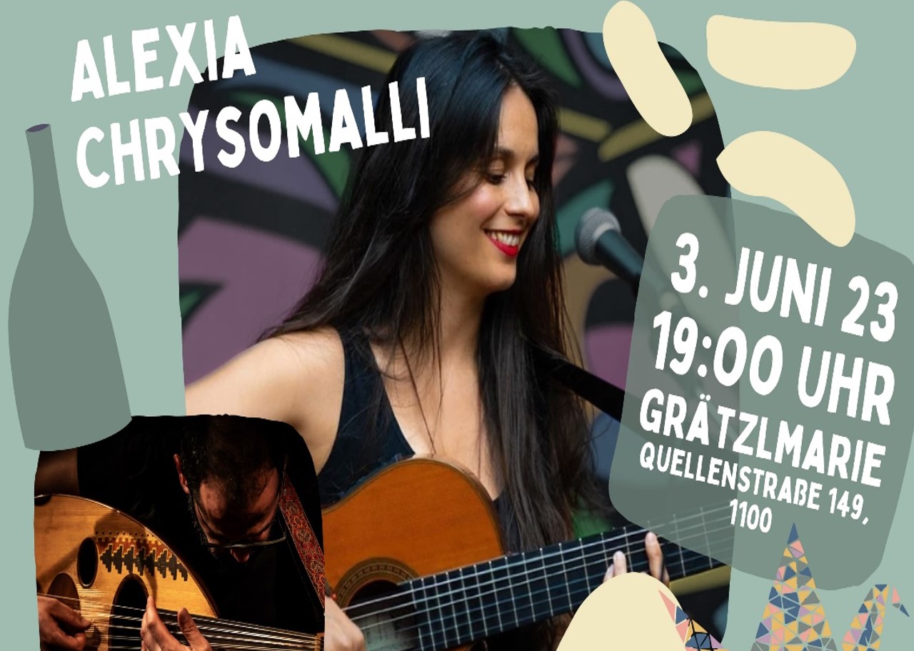 "Fado" poster

Alexia Chrysomalli, a young woman with long black hair and a guitar, encircled by a background of graphic icons in green and with the date of the performance: 1 June 23, 7 p.m. on the right