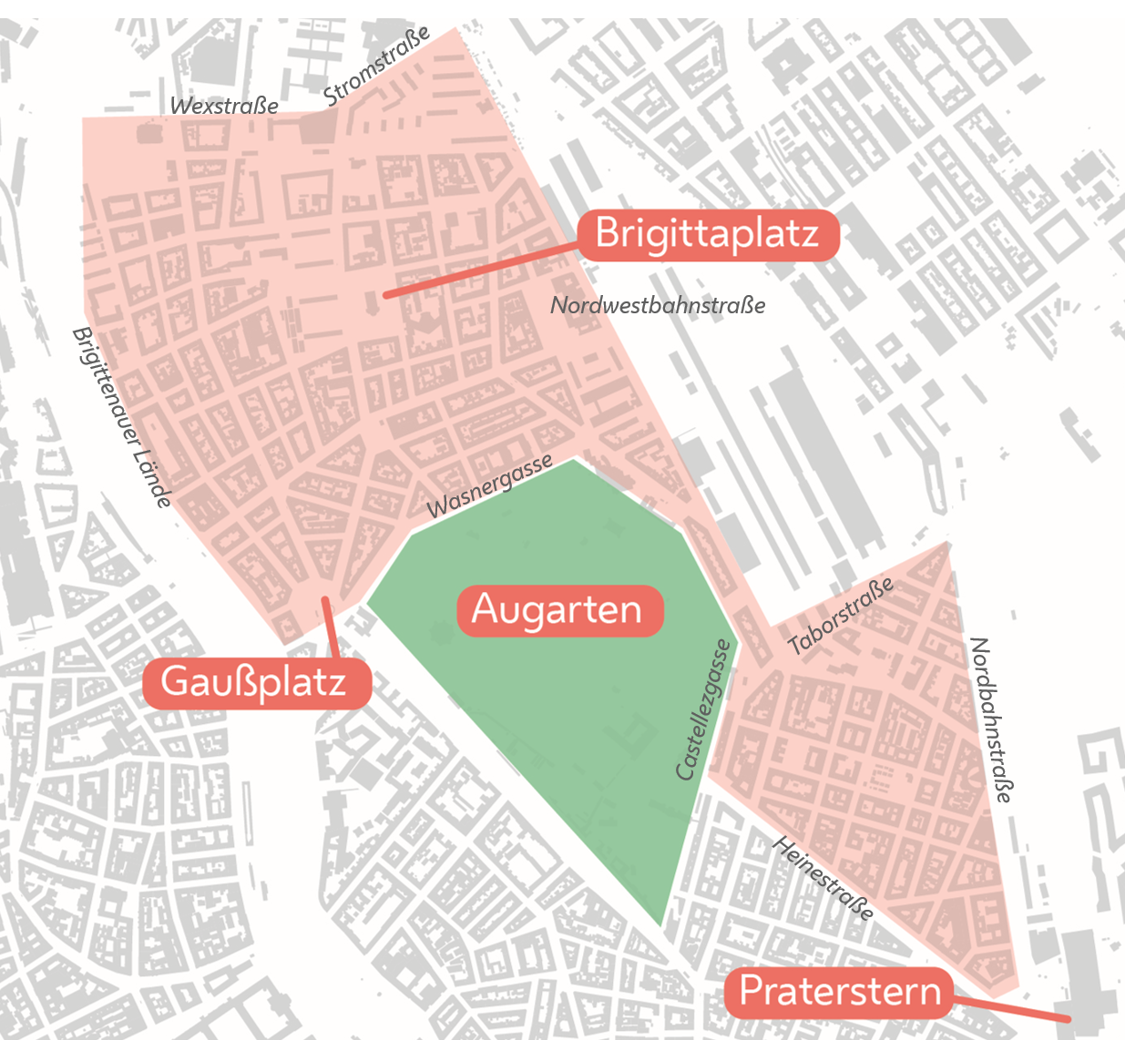 Grätzl 20+2 programme area

Grätzl 20+2 programme area: map of neighbourhood shown in pink, with Augarten park shown in green at the centre. Main locations are highlighted: Brigittaplatz, Gaussplatz, Augarten, Praterstern. 