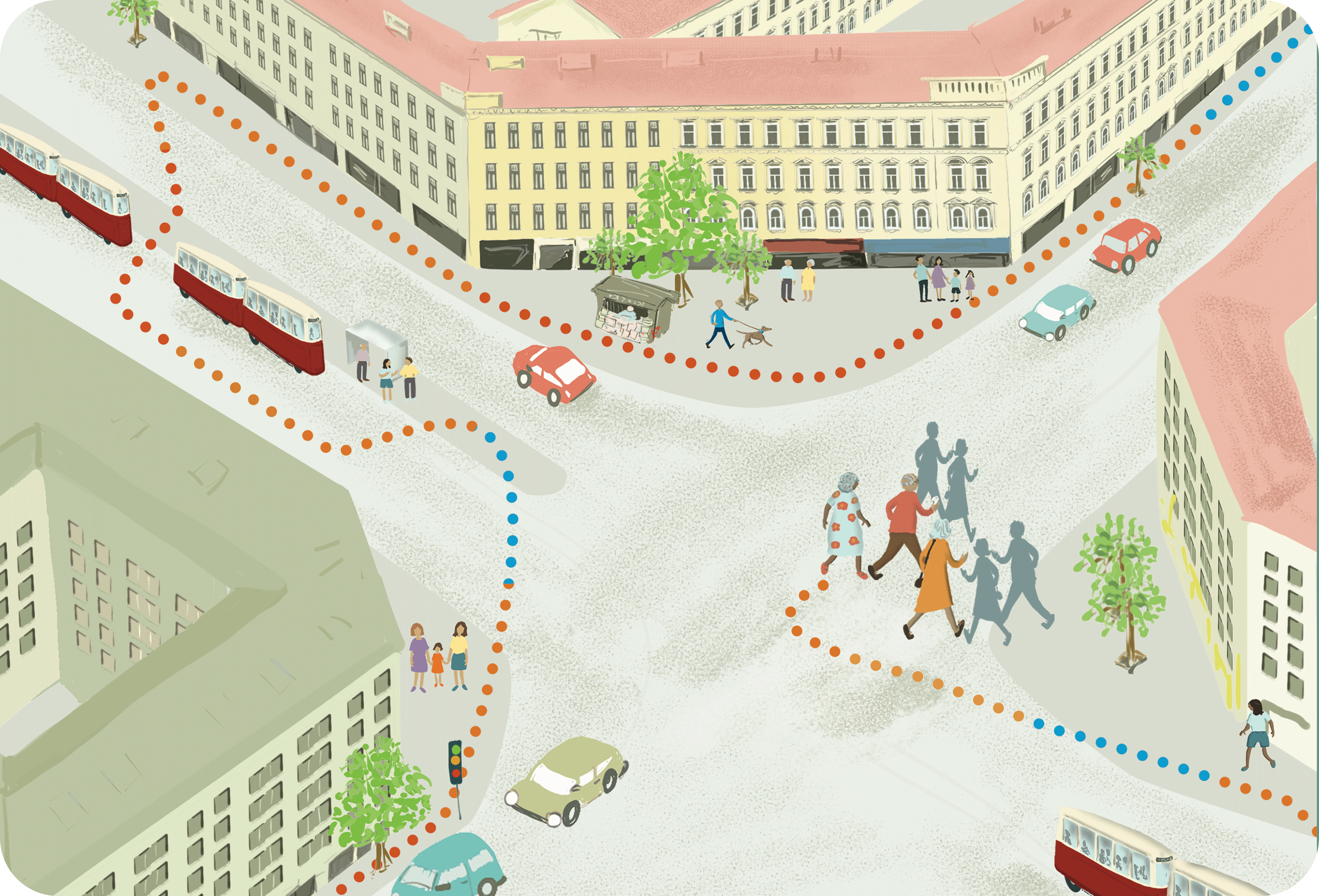 Bunte grafische Darstellung einer Straßenkreuzung mit eingezeichneten Gehwegen und einer Straßenbahn. Copyright: Verity Harrison.