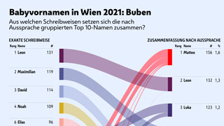 Die Grafik zeigt, aus welchen exakten Schreibweisen sich die Top 10 Vornamen der 2021 in Wien geborenen Buben zusammensetzen.