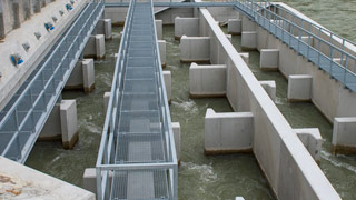 Im Wasser stehende Betonmauern der Fischaufstiegshilfe mit Gitter-Steigen darber.