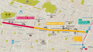 Straenkarte, auf der die neue Radwegverbindung eingezeichnet ist, in Rot der Bauabschnitt 2024 und in Gelb der Bauabschnitt 2025, in Trkis die Verbindung zum Grtelradweg