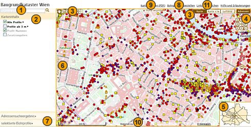 Einstiegseite des Grundbaukartasters Wien mit Nummerierung der Funktionen