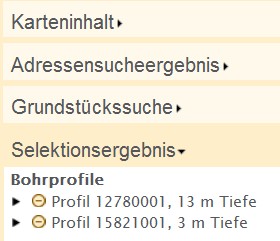 Ausschnitt der Navigationsleiste des Baubrundkatasters mit Auflistung der selektierten Bohrprofile