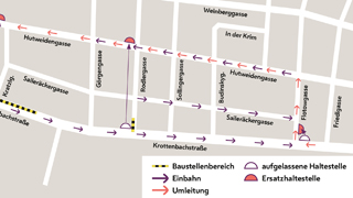Straenkarte der Umleitungen und Verkehrsmanahmen in der Krottenbachstrae bis Mitte September 2024